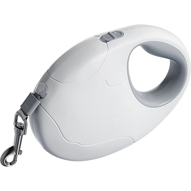 White pet retractable leash with keychain on a white background