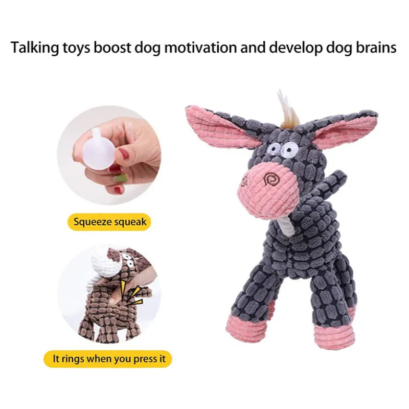 Dog toy shaped like a donkey with text about its features on a white background