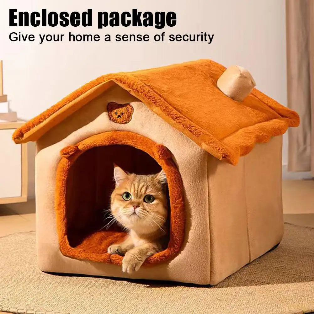 Cat peeking out from a cozy pet house with a teddy bear on top, text 'Enclosed package Give your home a sense of security'.