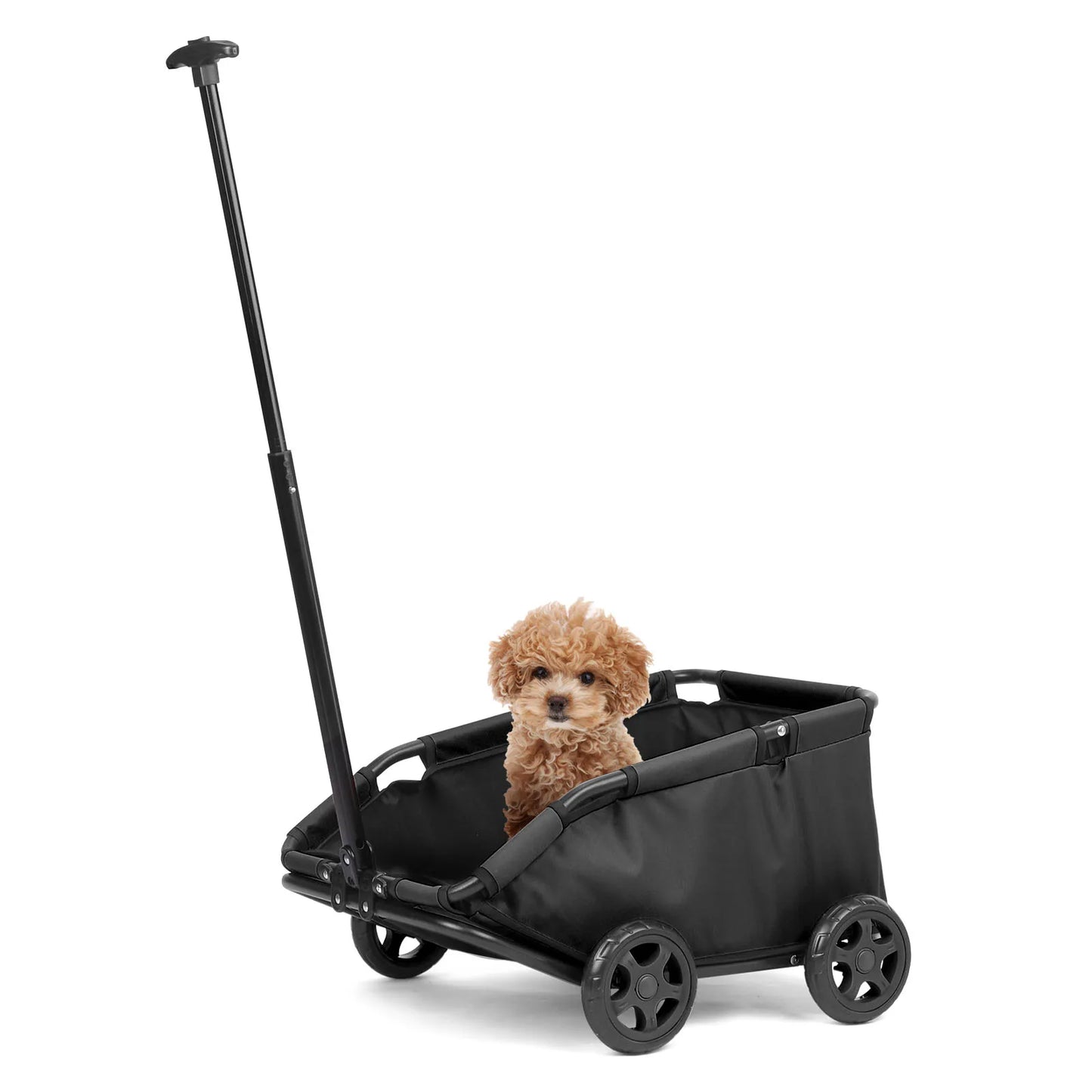 Black pet stroller with a small dog inside on a white background
