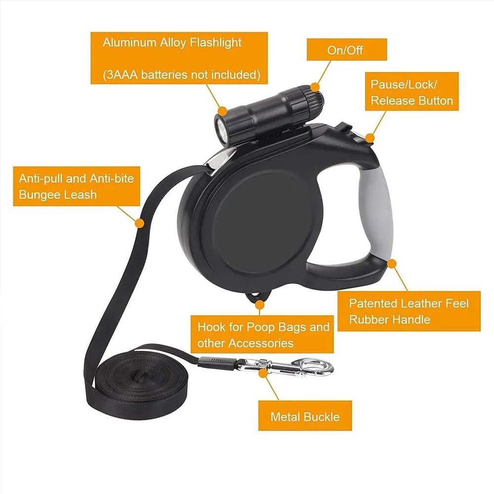 Retractable dog leash with flashlight and features highlighted on a white background