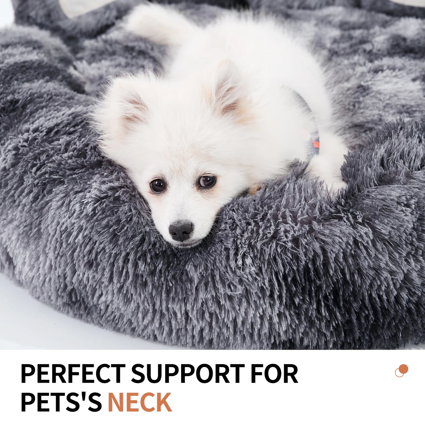 White dog on a gray fluffy pet bed with text 'Perfect Support for Pets' Neck'.