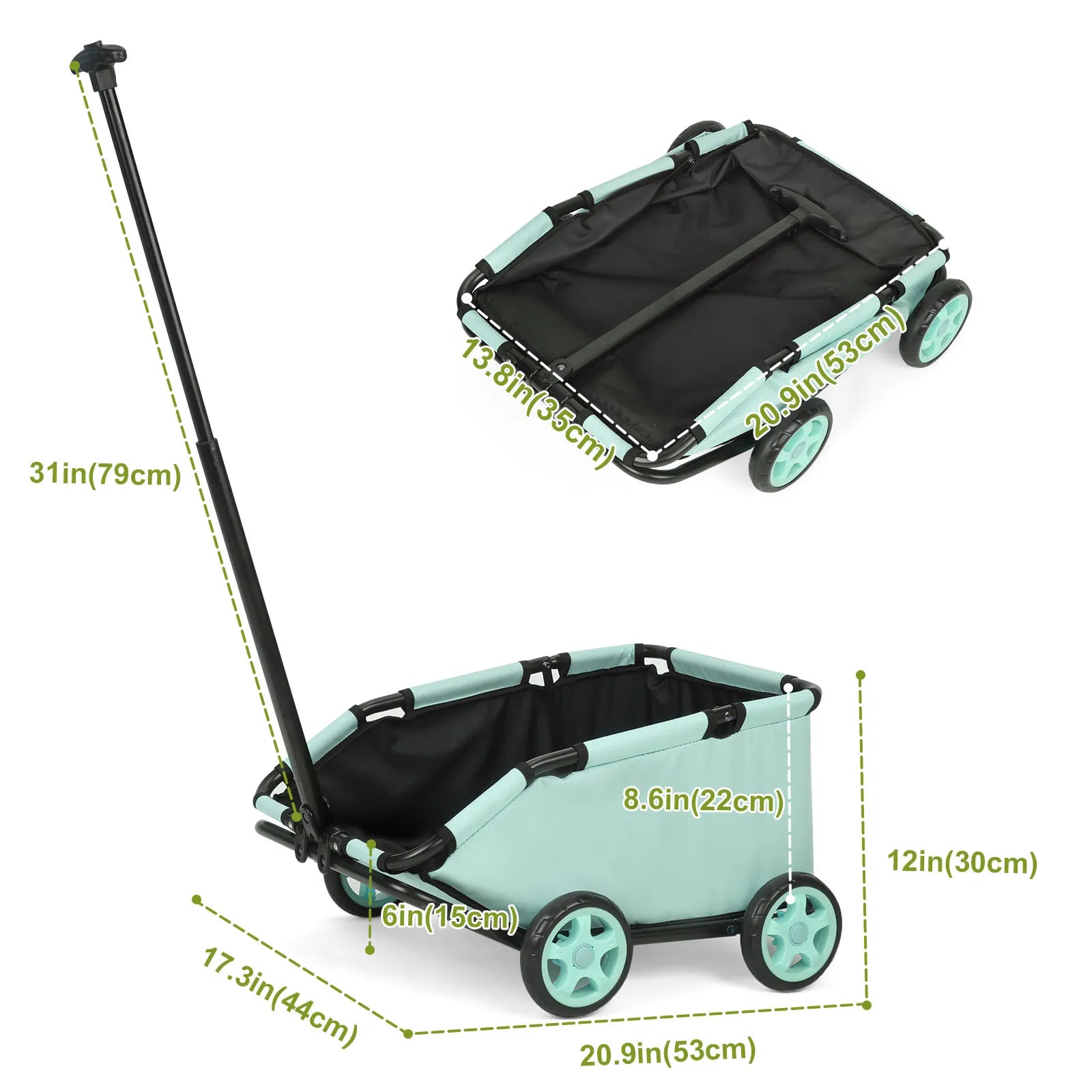 Teal and black folding cart with measurements on a white background