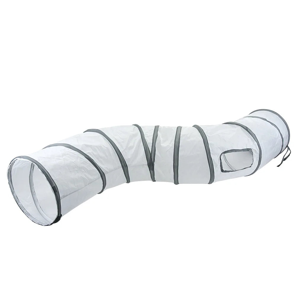 White and gray cylindrical pet tunnel on a white background