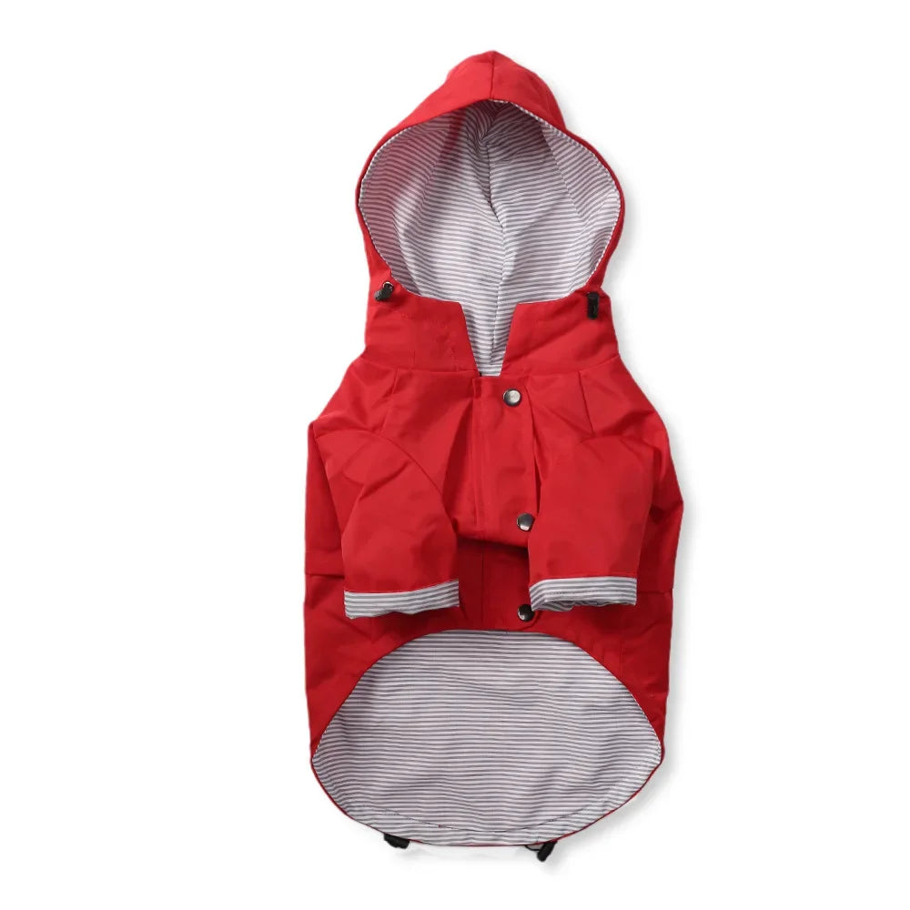 Red dog raincoat with a hood on a white background