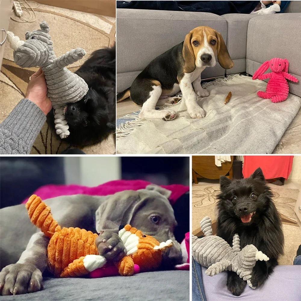 Collage of dogs playing with various toys on a couch.