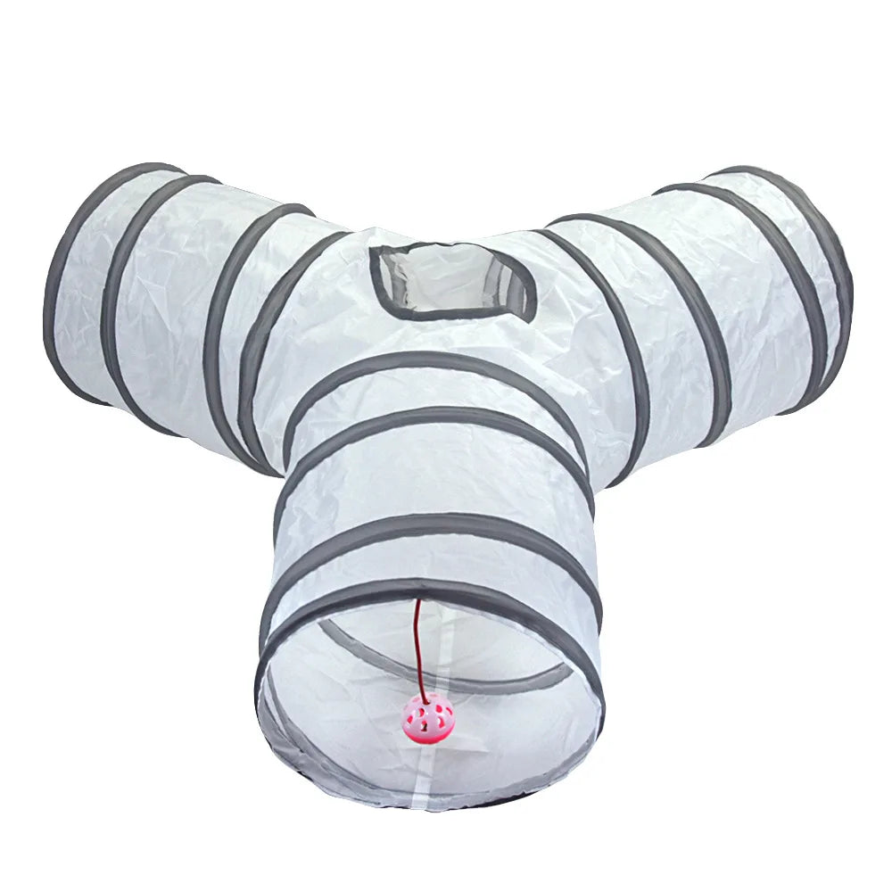 Three-way pet tunnel with a pink ball on a white background