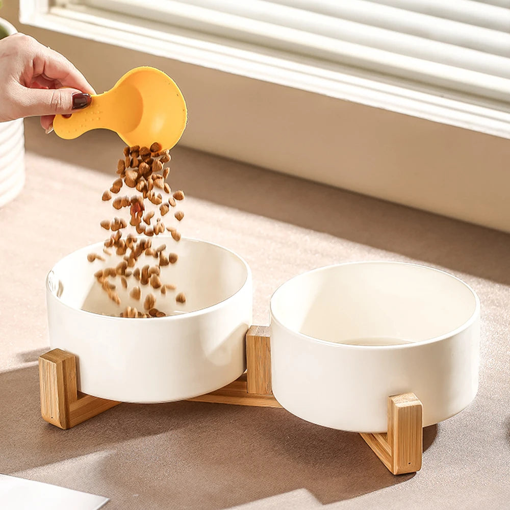 Person pouring dog food into a double pet bowl with a wooden stand.