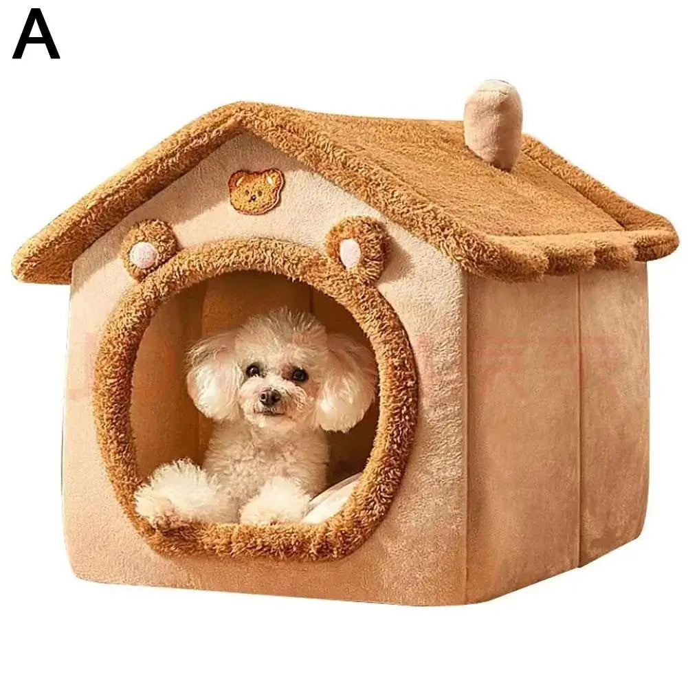 Dog inside a cozy beige pet house with a brown roof on a white background