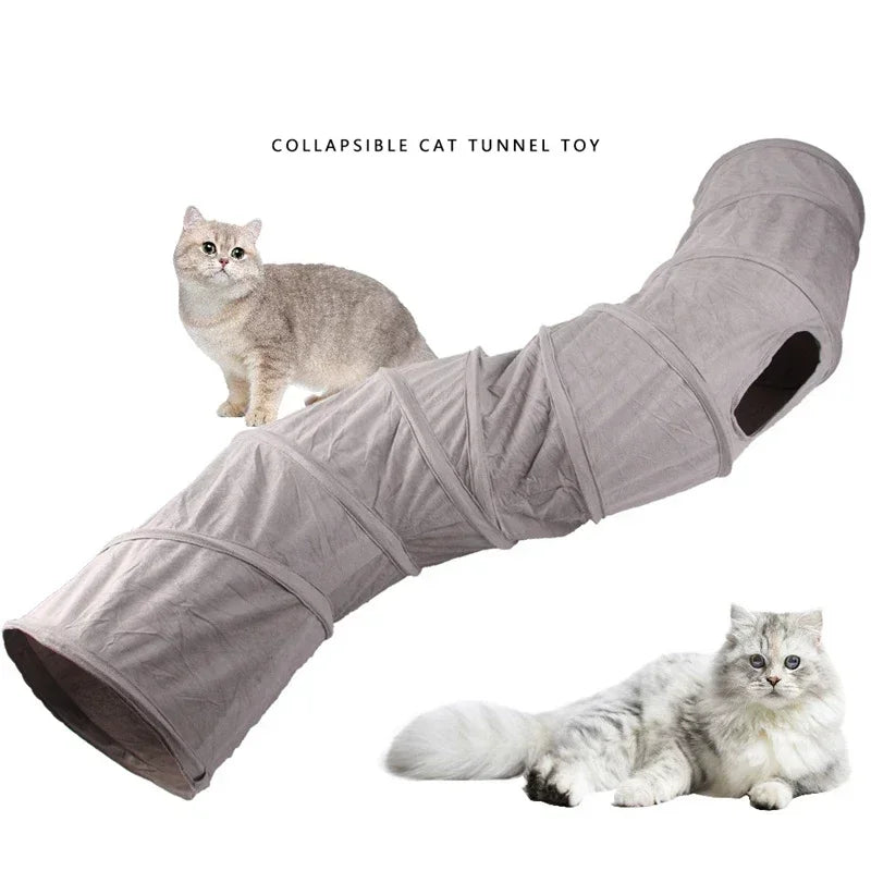Collapsible cat tunnel toy with two cats on a white background
