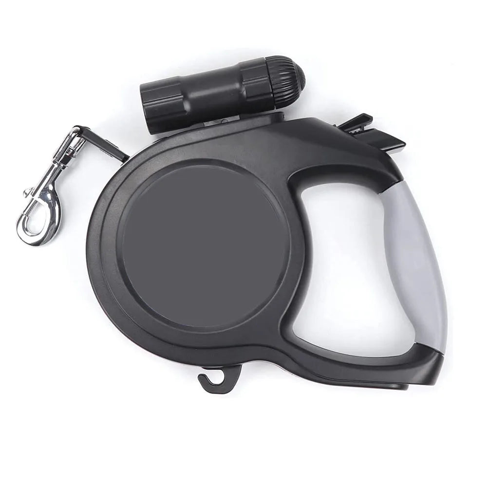Retractable dog leash with flashlight on a white background