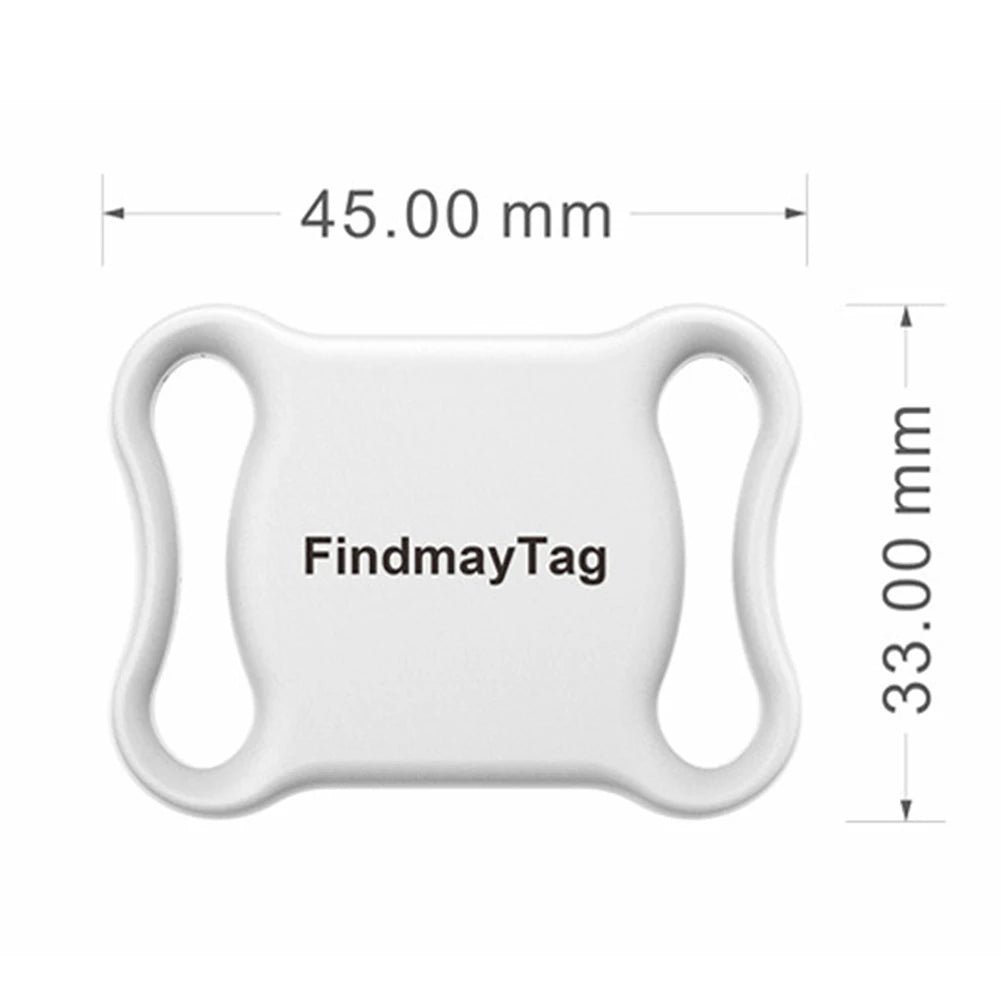 White 'FindmayTag' device with dimensions on a white background
