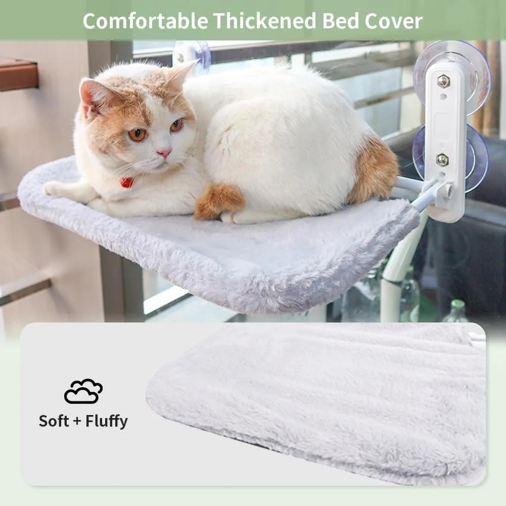 Cat lounging on a soft, thickened bed cover attached to a chair.