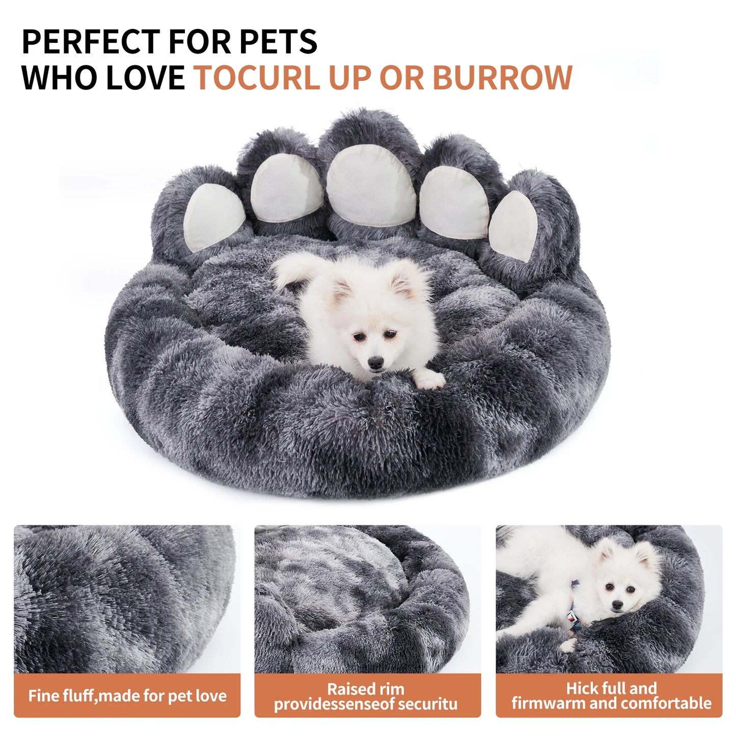 Gray paw-shaped pet bed with a white dog inside, featuring text about the product's benefits.