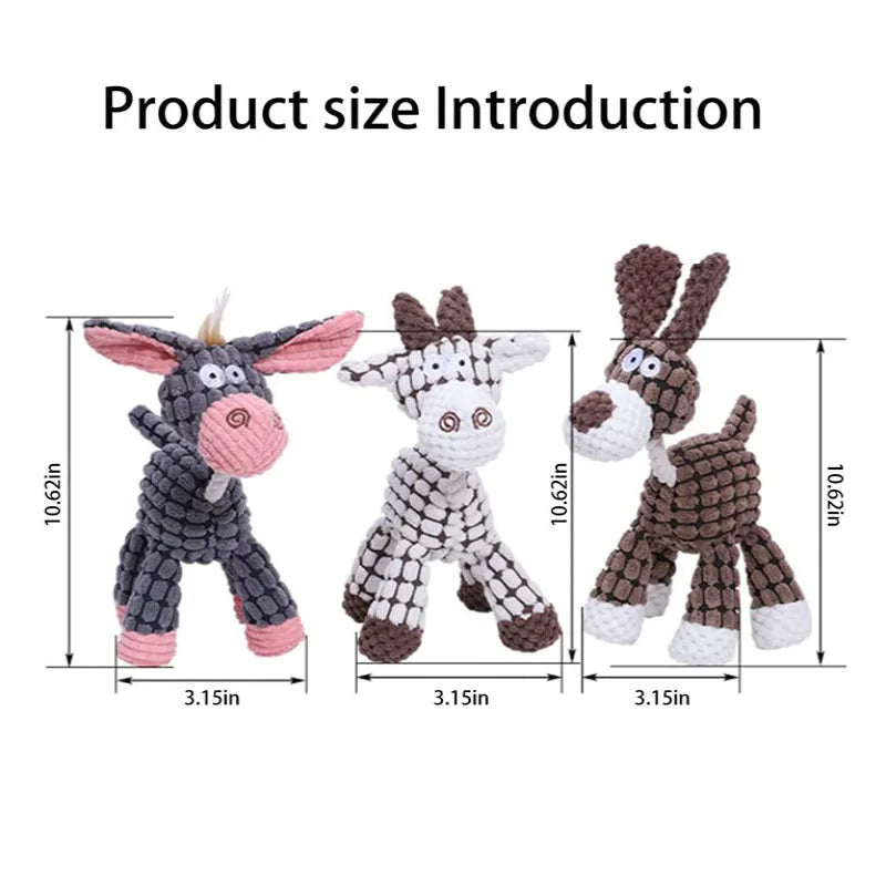 Three donkey-shaped dog toys with measurements on a white background