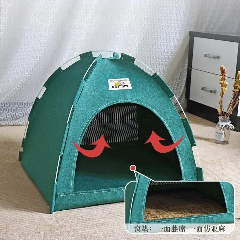 Green pet tent with a label on a light-colored floor.