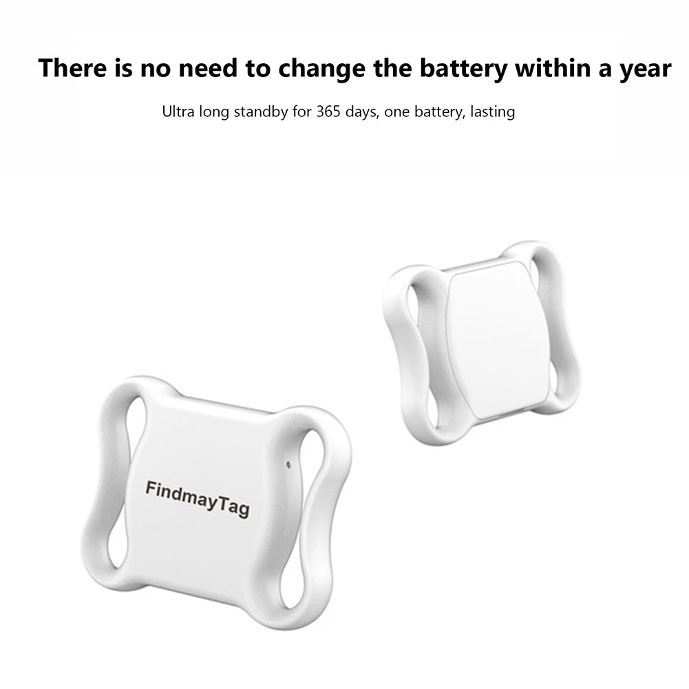Two white 'FindmayTag' devices on a white background with text about battery life.