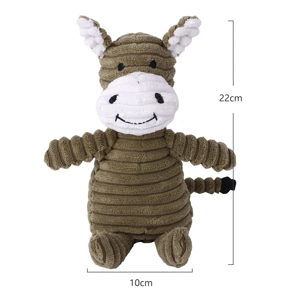 Knitted donkey toy with dimensions on a white background