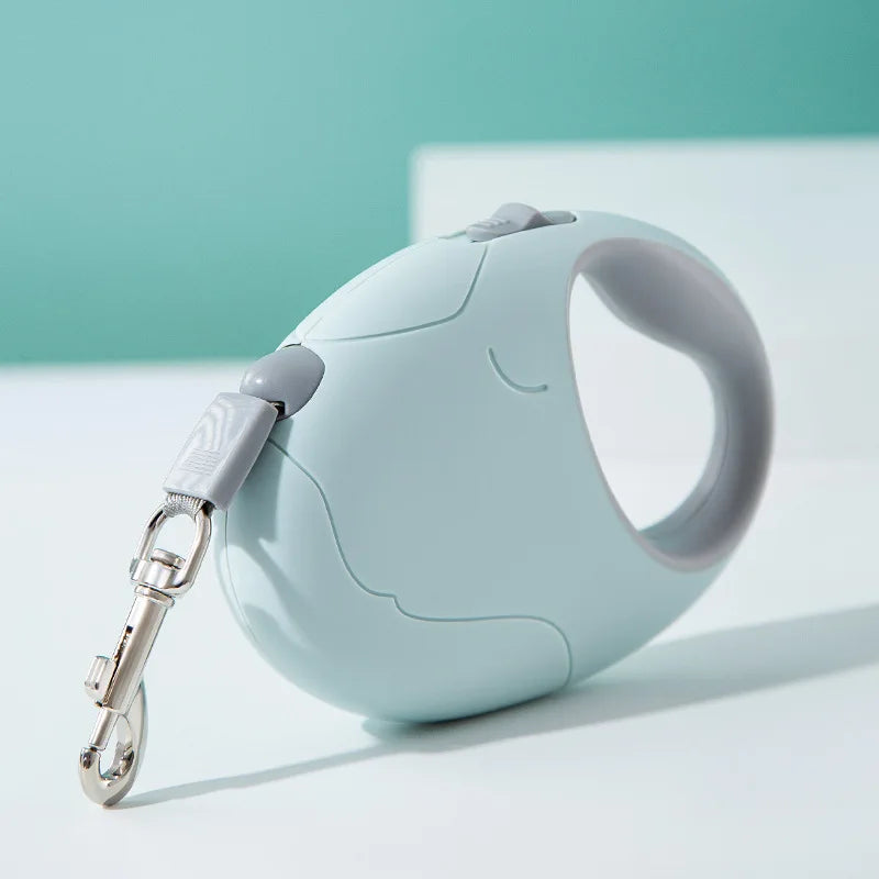 Light blue pet leash with gray handle on a light background