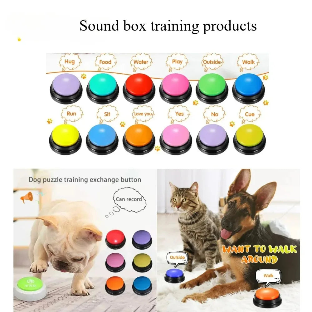 Sound box training products with colorful buttons and images of pets interacting.