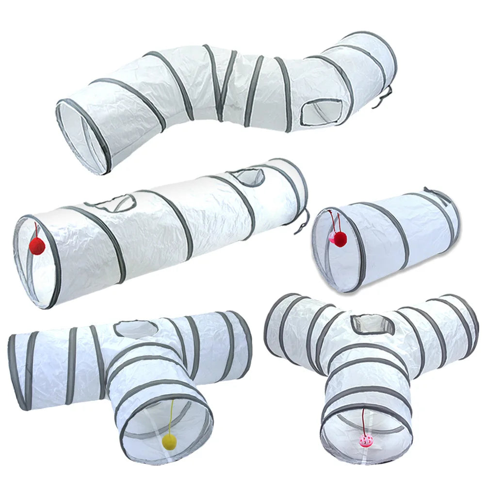 Set of white pet tunnels with gray stripes on a white background