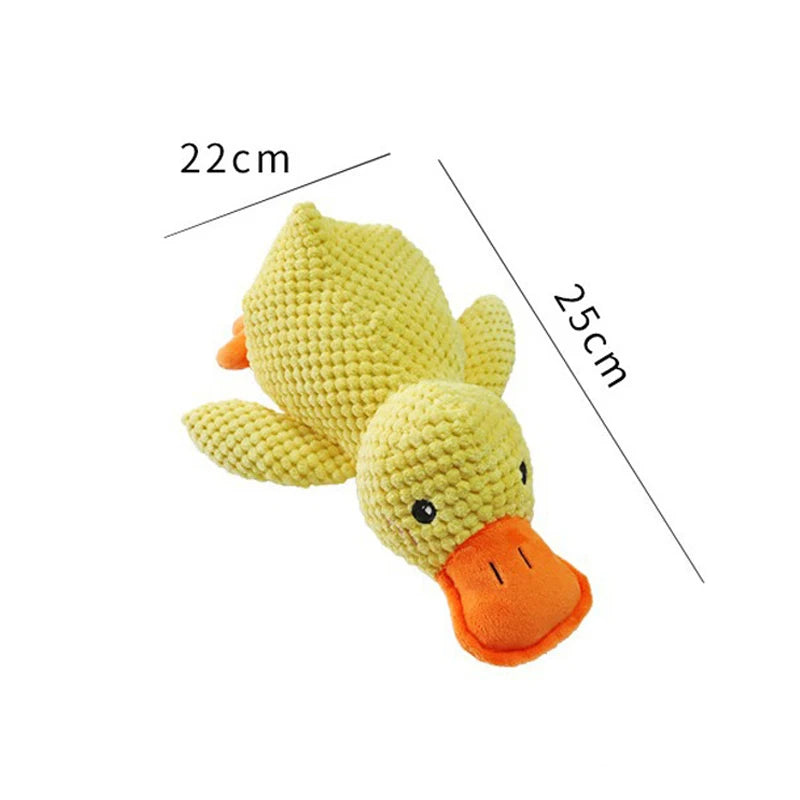 Yellow duck plush toy with measurements on a white background