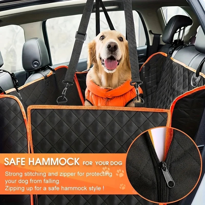 Dog in a car with a black and orange pet hammock, safety harness, and detailed text about the product.