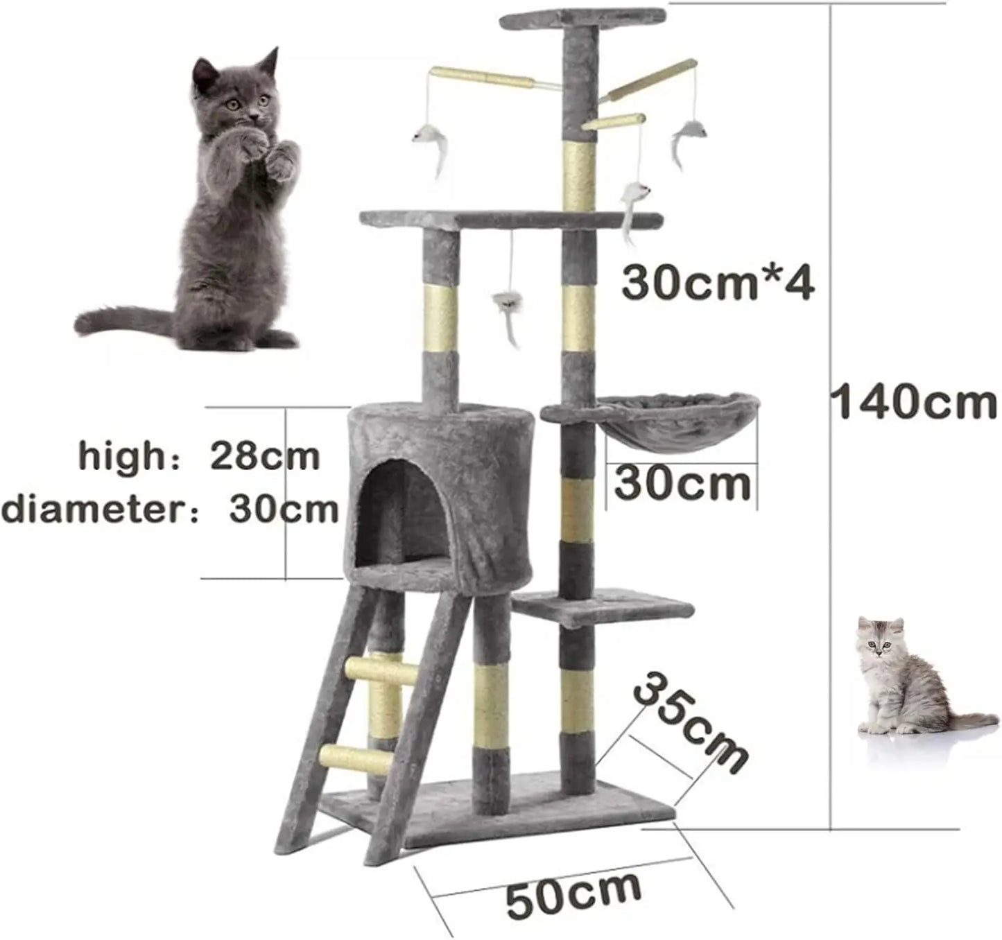 Grey cat activity centre with 4 toy mice
