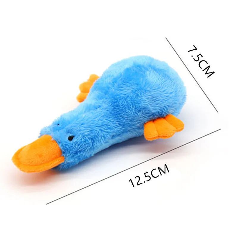 Blue plush toy with orange feet and measurements on a white background