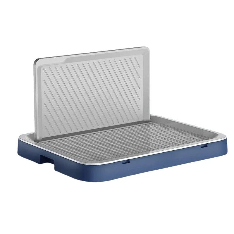 Dog bed with a textured surface and blue base on a white background