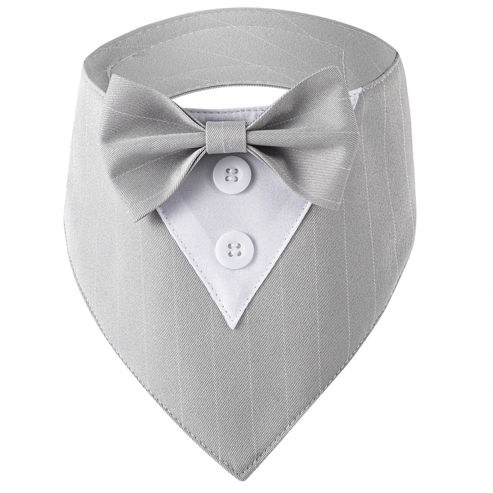 Gray bandana with a bow tie and button details on a white background