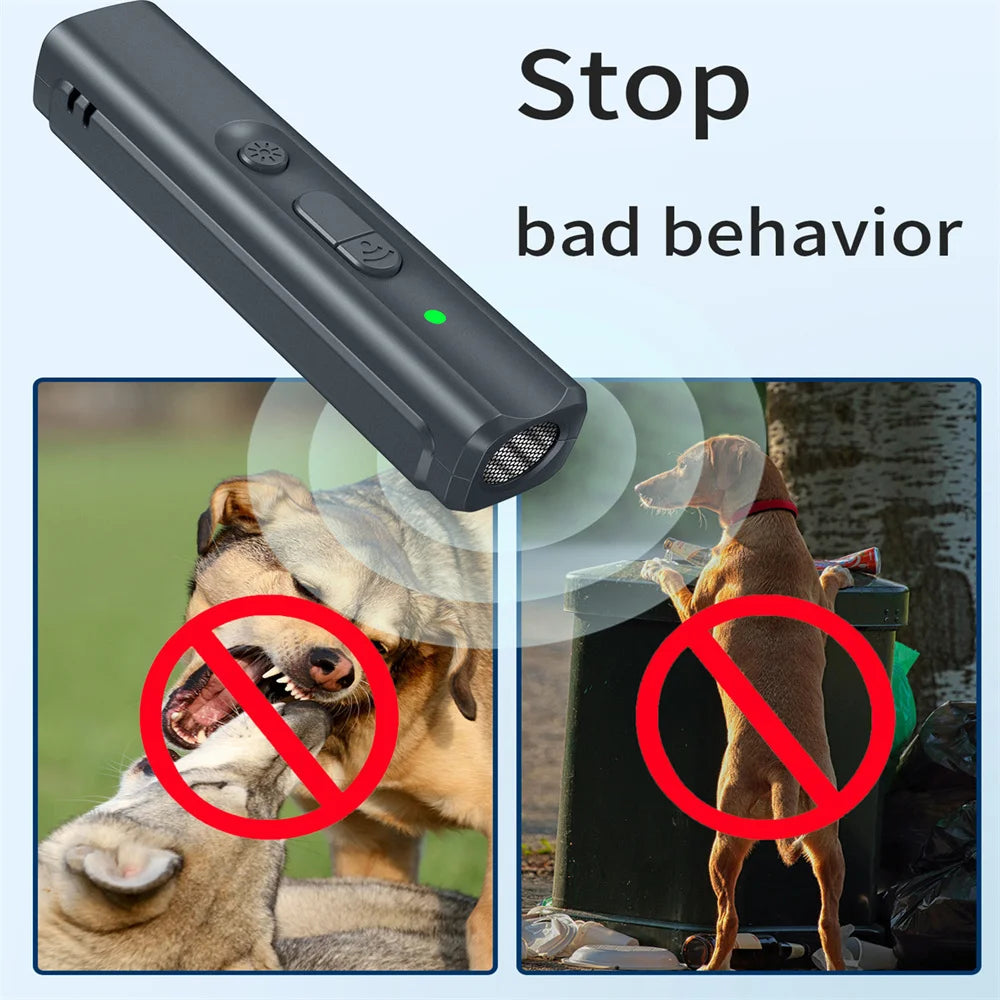 Dog training device with images of a dog biting and peeing, labeled 'Stop bad behavior'.