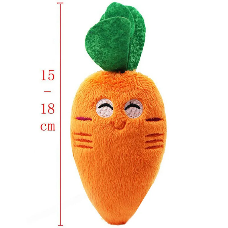Plush carrot toy with measurements on a white background