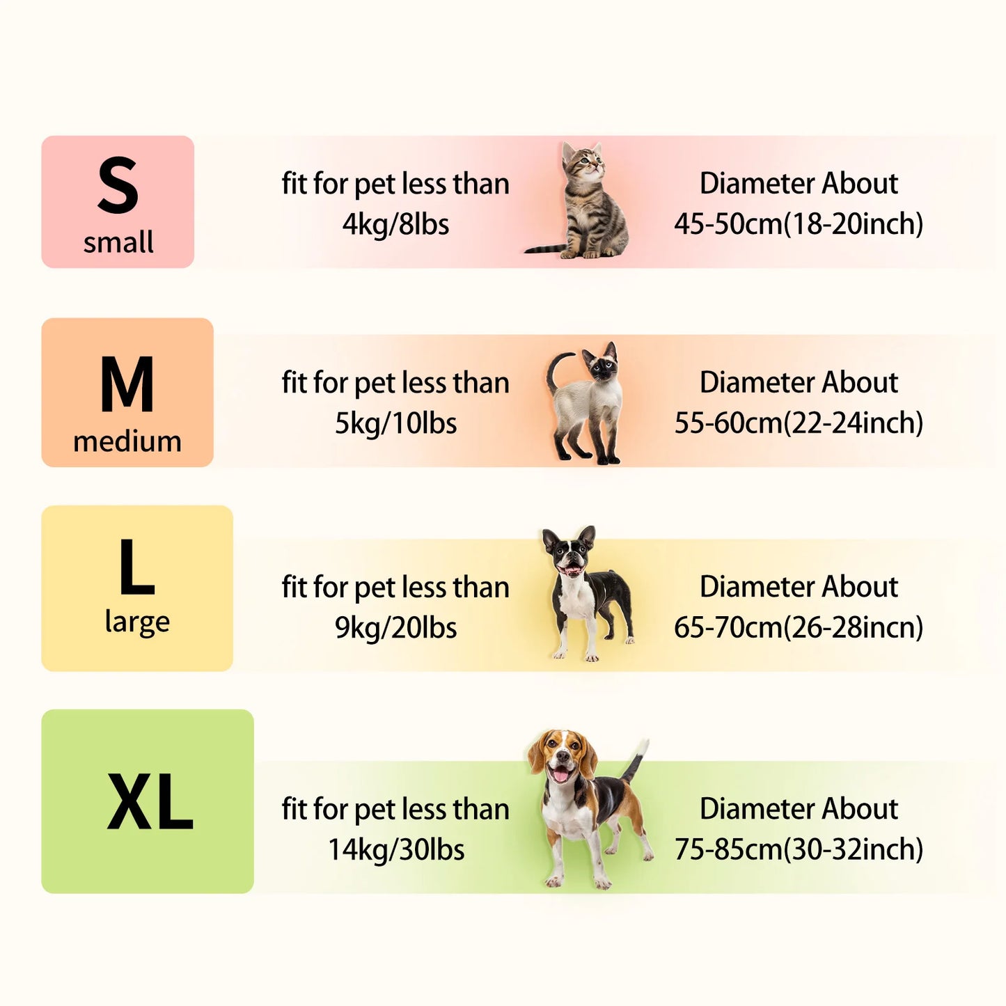 Size chart for pet collars with images of small, medium, large, and extra-large pets.