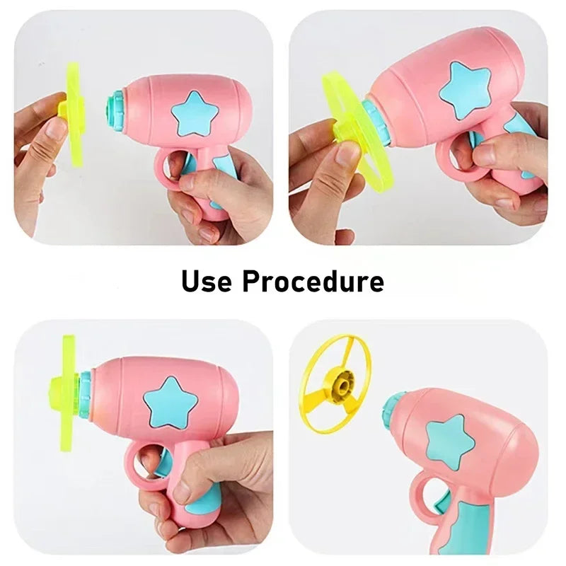 Instructions for using a toy hair dryer with a star design on a white background