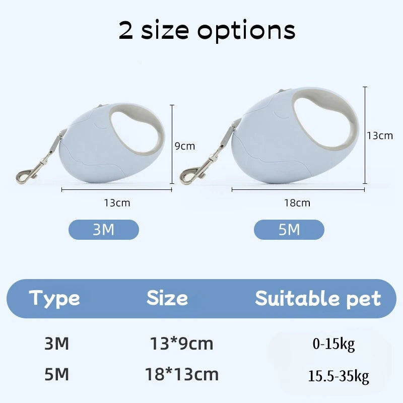 Measurement chart for a pet leash with two size options and dimensions.