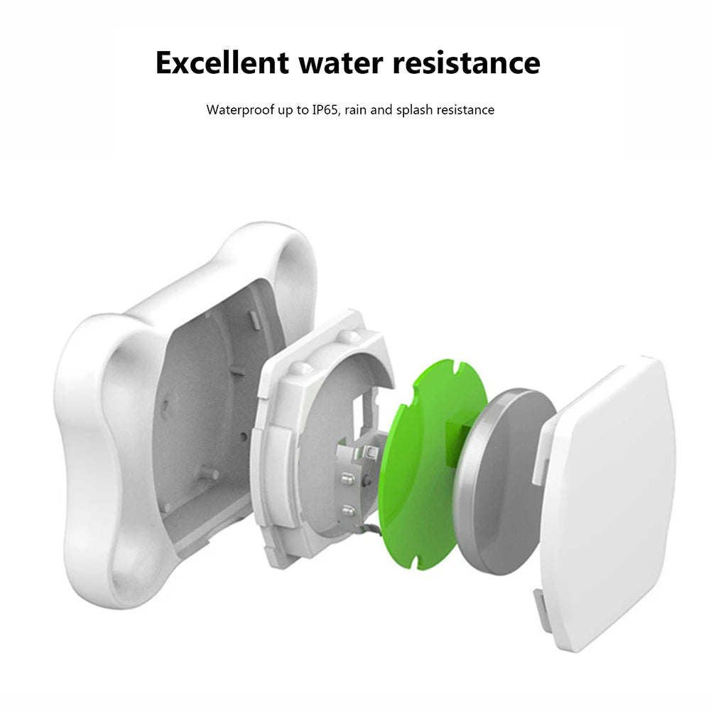 White electronic device with green component on a white background, highlighting water resistance feature.