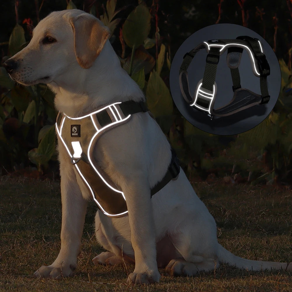 Black reflective no-pull dog harness with adjustable chest straps.