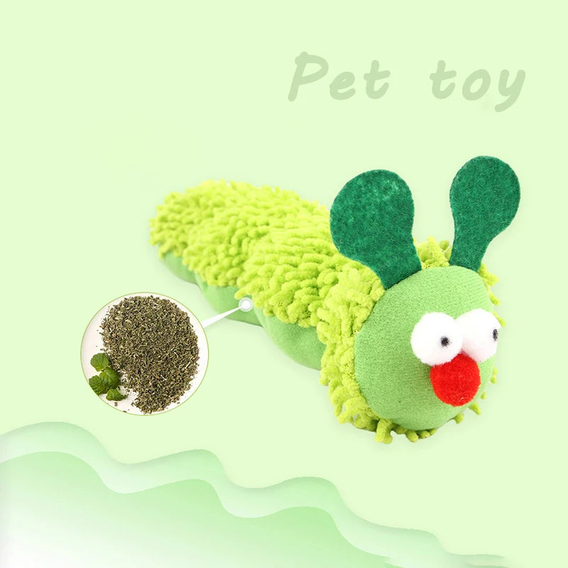 Green pet toy shaped like a caterpillar on a light green background