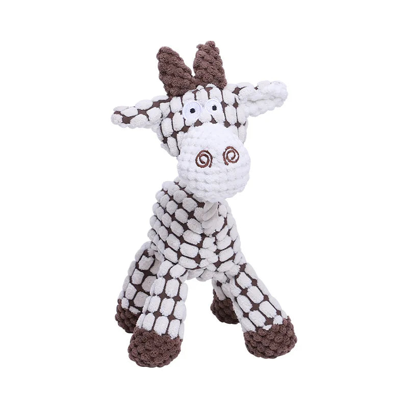 Crocheted giraffe toy with brown and white pattern on a white background
