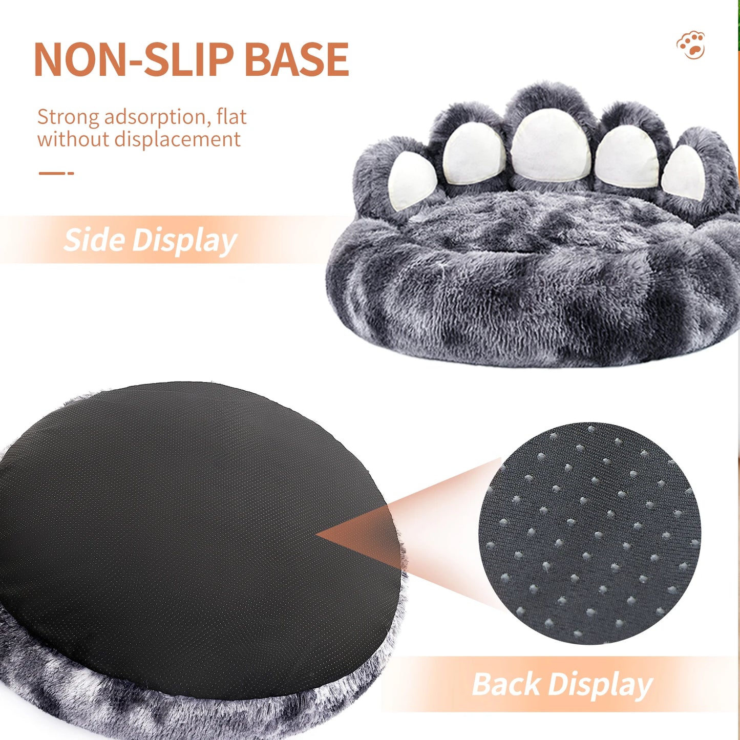 Gray paw-shaped pet bed with non-slip base feature on a white background