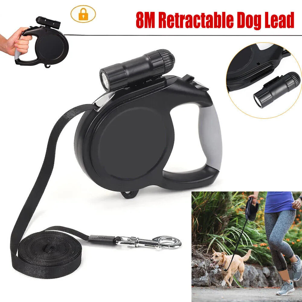 8M Retractable Dog Lead with flashlight on a white background