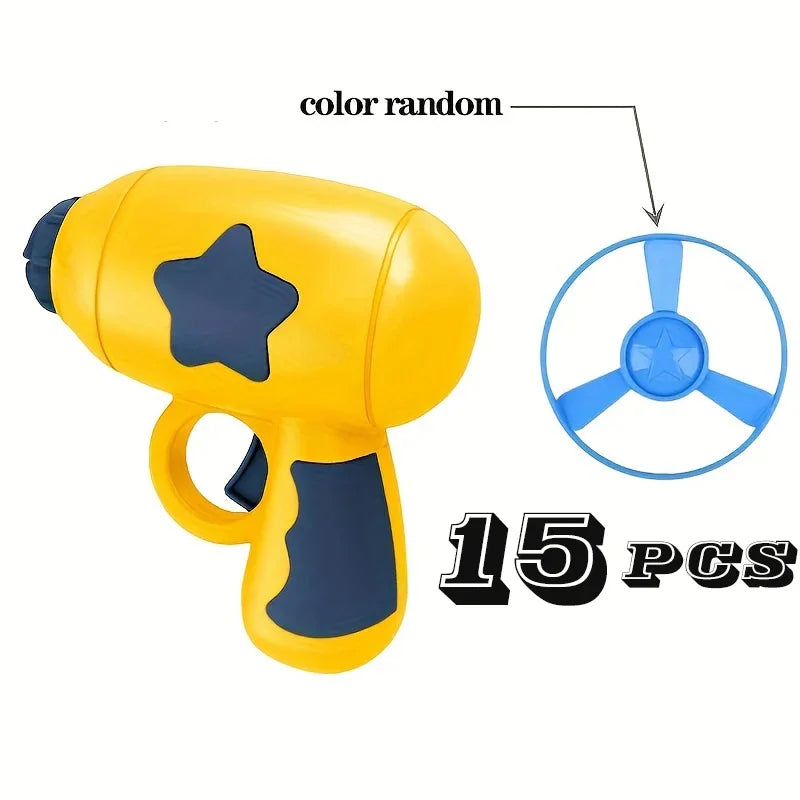 Yellow and blue toy water gun with a star-shaped nozzle on a white background, indicating color randomness and quantity.