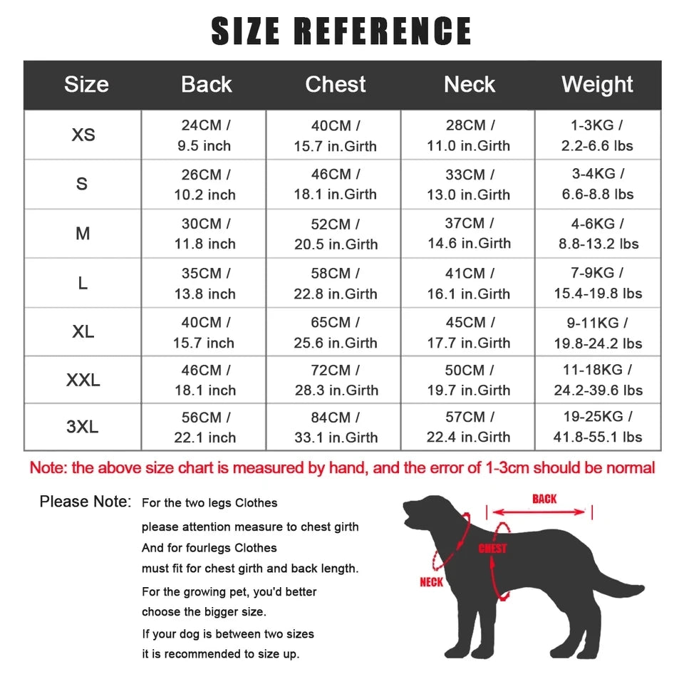 Size chart of dog winter coats for all breeds