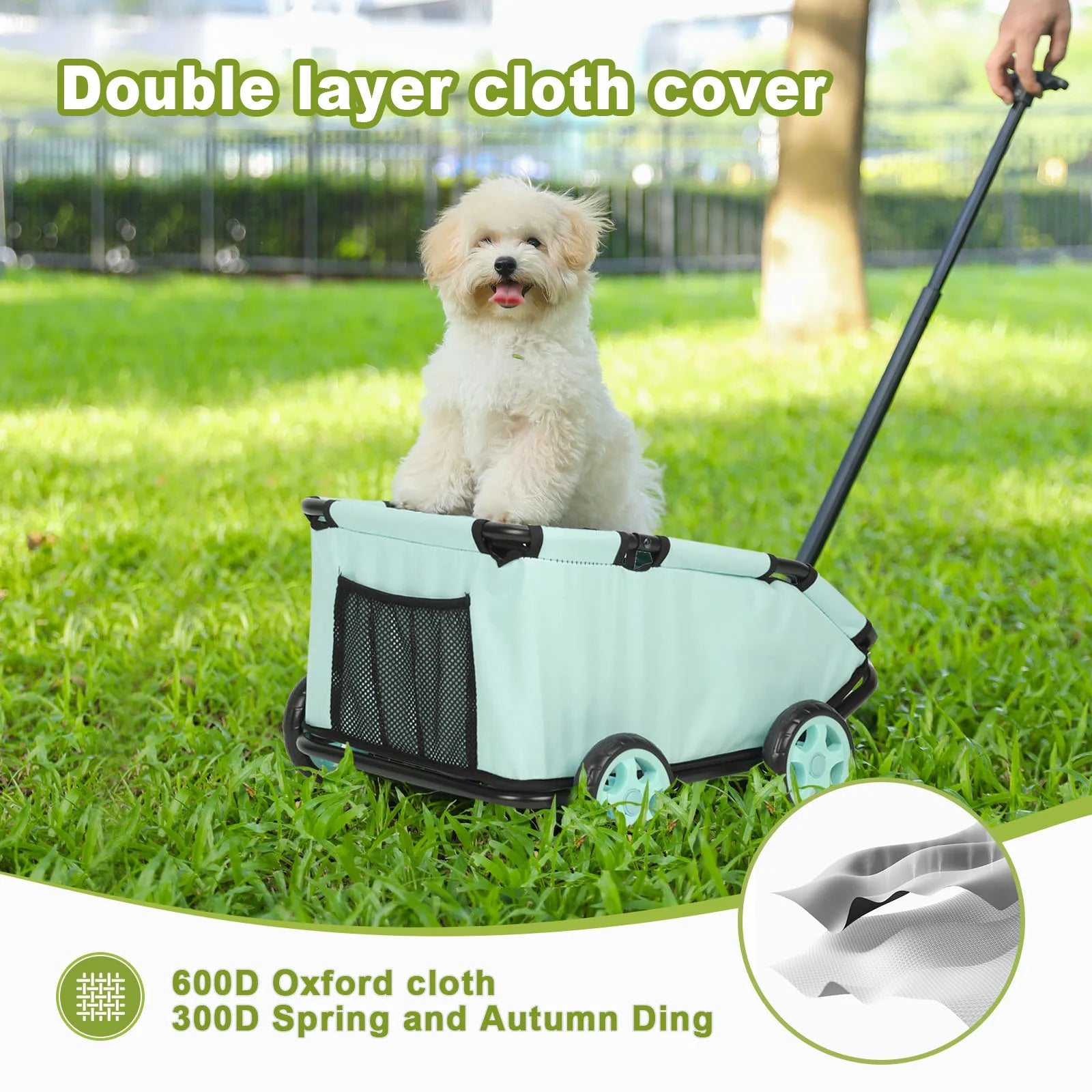 Dog sitting in a mint green pet stroller with a grassy background
