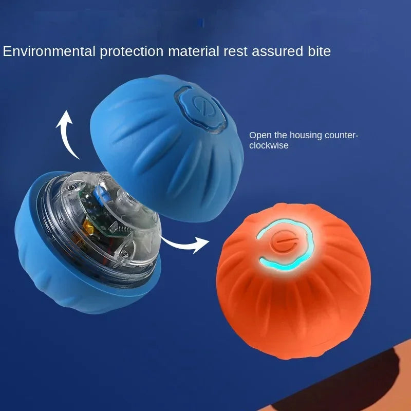 Two spherical devices, one blue and one orange, on a blue background with text about environmental protection and opening instructions.