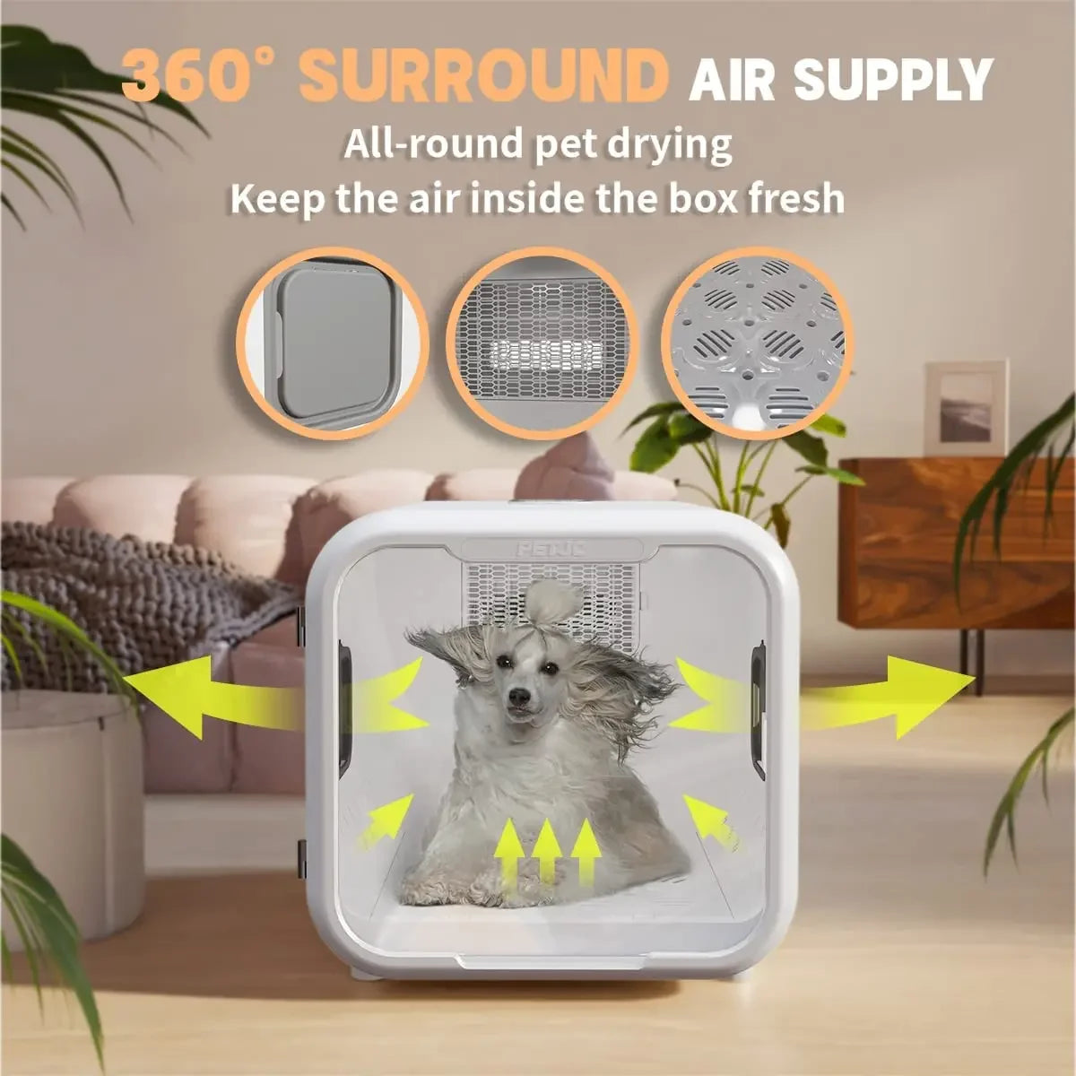 360° airflow demonstration for even drying.