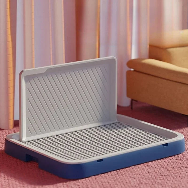 Pet playpen on a pink carpet with a striped wall and sofa in the background