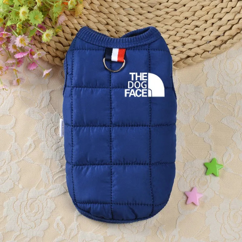 Blue quilted dog coat with 'The Dog Face' logo on a textured surface.