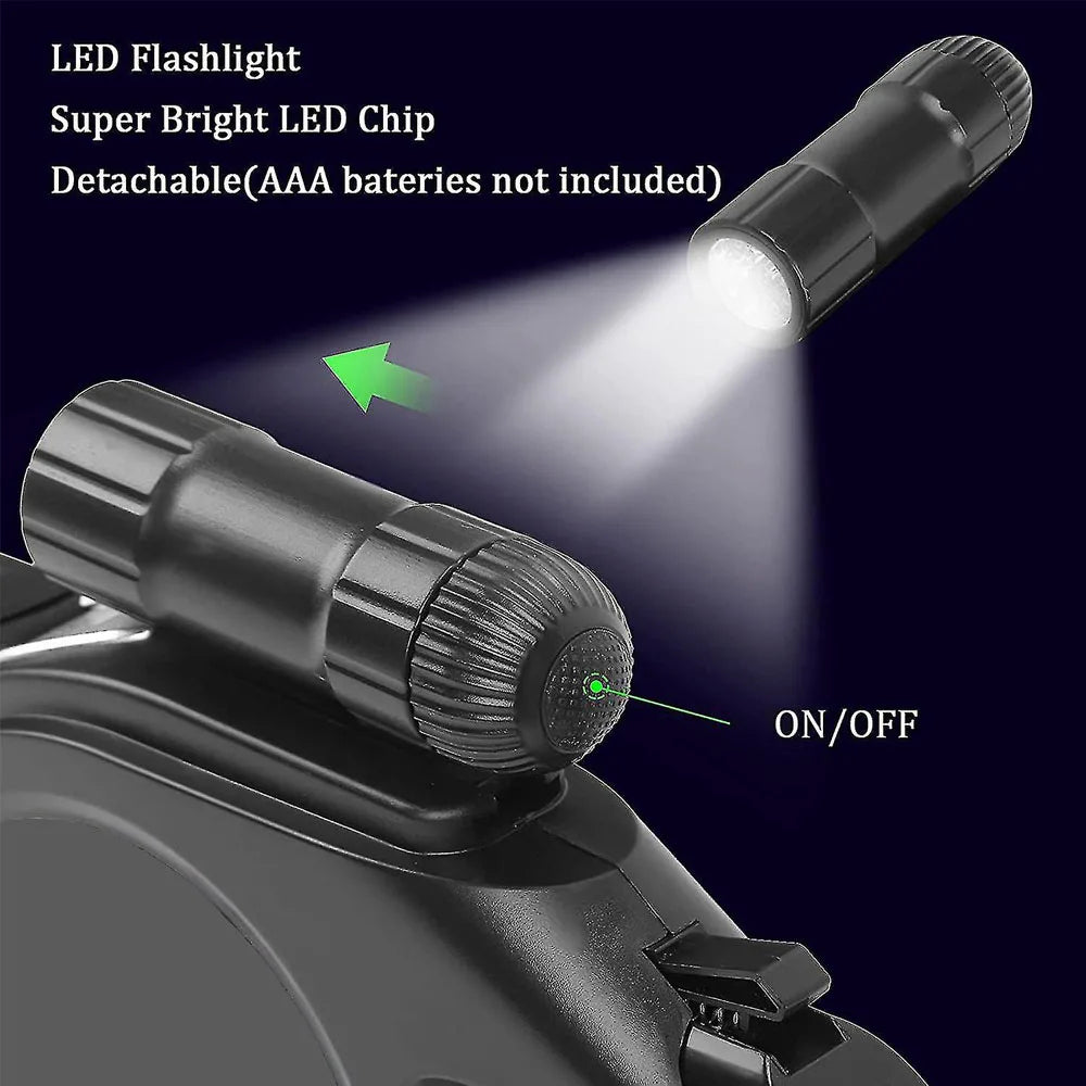 LED flashlight attached to a vehicle with text indicating features and controls.